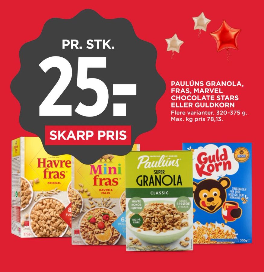 PAULÚNS GRANOLA, FRAS, MARVEL CHOCOLATE STARS ELLER GULDKORN Flere varianter. 320-375 g. – Meny