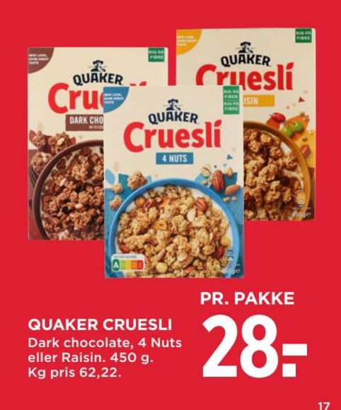 QUAKER CRUESLI Dark chocolate, 4 Nuts eller Raisin. 450 g. – Meny