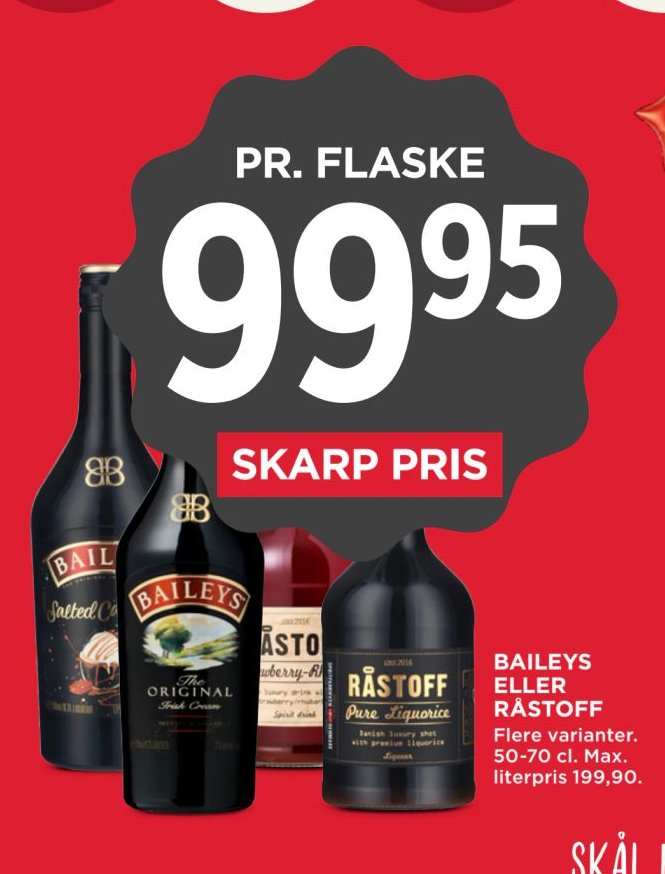 BAILEYS ELLER RÅSTOFF Flere varianter. 50-70 cl. Max. literpris 199,90. – Meny