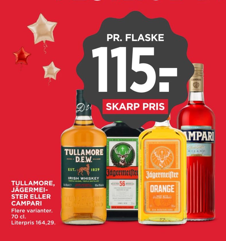 TULLAMORE, JÄGERMEISTER ELLER CAMPARI Flere varianter. 70 cl. Literpris 164,29. – Meny