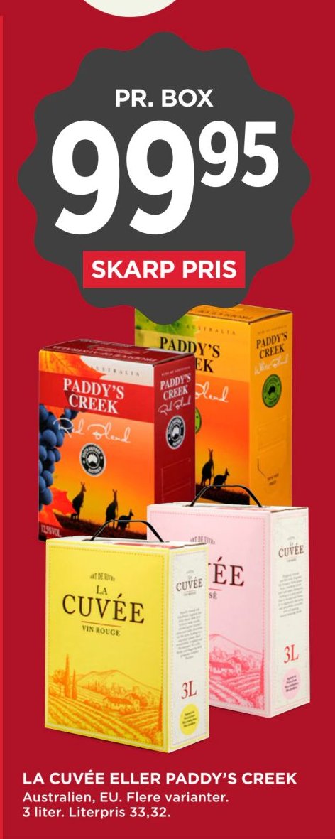 LA CUVÉE ELLER PADDY'S CREEK Australien, EU. Flere varianter. 3 liter. Literpris 33,32. – Meny