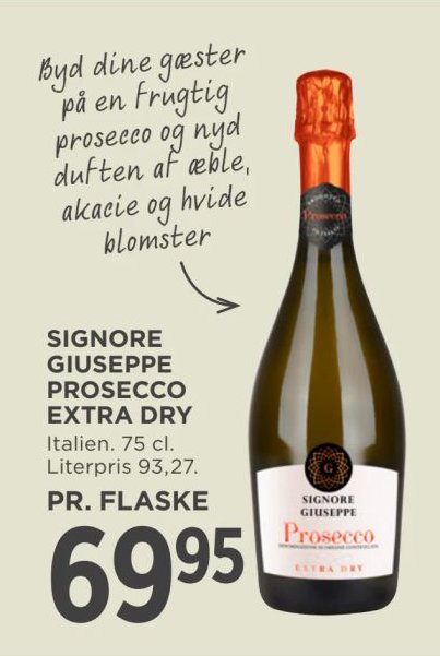 SIGNORE GIUSEPPE PROSECCO EXTRA DRY Italien. 75 cl. Literpris 93,27. PR. FLASKE – Meny