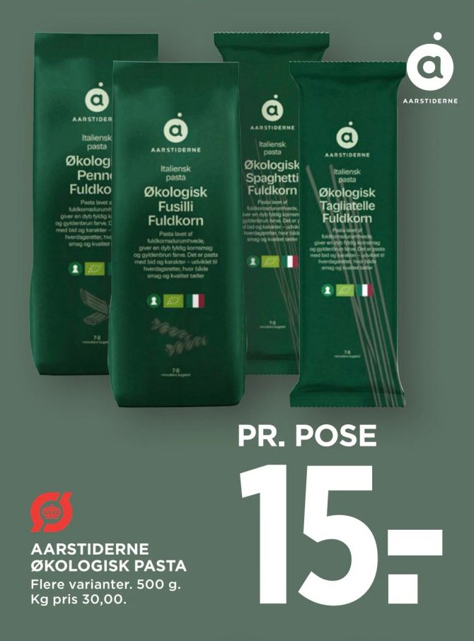 AARSTIDERNE ØKOLOGISK PASTA Flere varianter. 500 g. Kg pris 30,00. – Meny