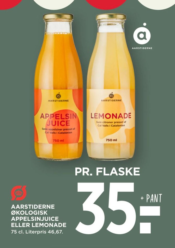 AARSTIDERNE ØKOLOGISK APPELSINJUICE ELLER LEMONADE 75 cl. Literpris 46,67. – Meny