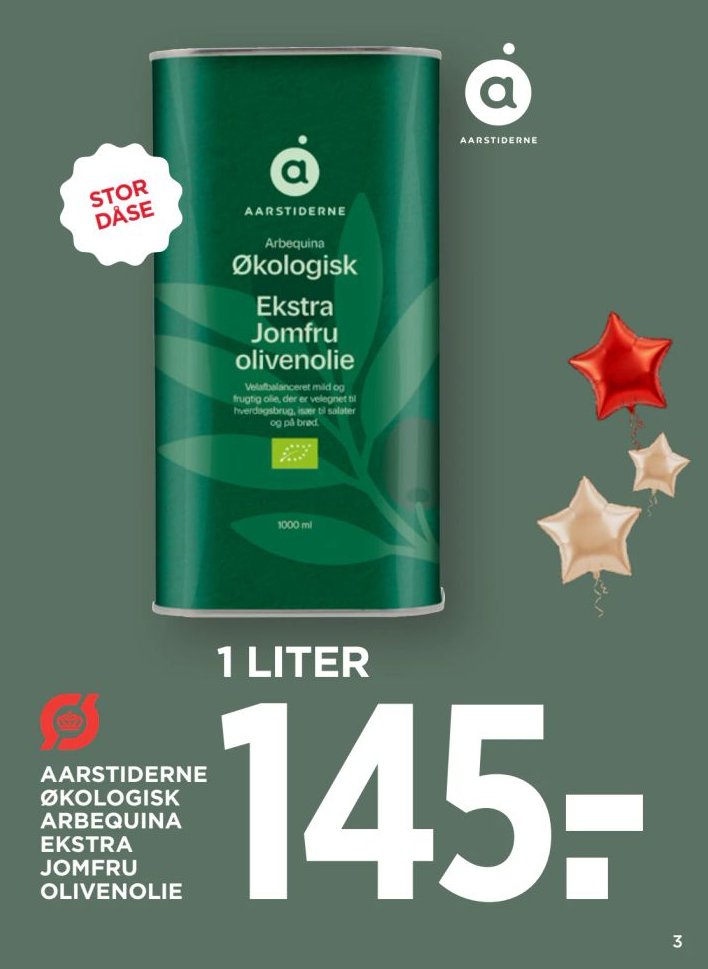 AARSTIDERNE ØKOLOGISK ARBEQUINA EKSTRA JOMFRU OLIVENOLIE 1 LITER – Meny