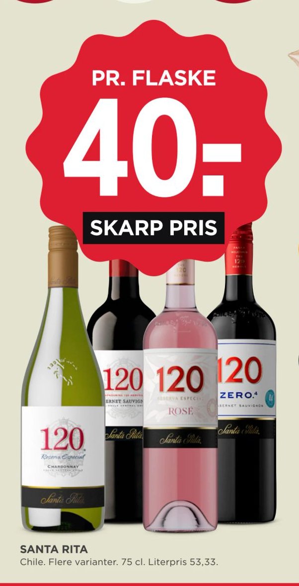 SANTA RITA Chile. Flere varianter. 75 cl. Literpris 53,33. – Meny