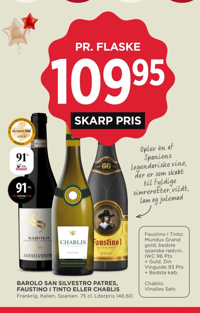 BAROLO SAN SILVESTRO PATRES, FAUSTINO I TINTO ELLER CHABLIS Frankrig, Italien, Spanien. 75 cl. Literpris 146,60. – Meny