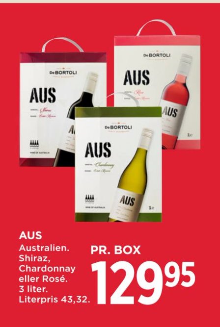 AUS Australien. Shiraz, Chardonnay eller Rosé. 3 liter. Literpris 43,32. – Meny