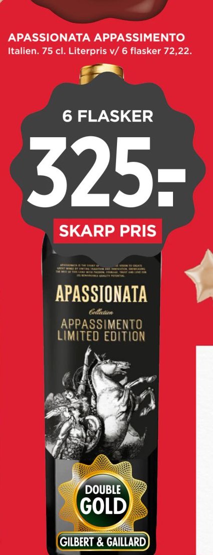 APASSIONATA APPASSIMENTO 1 flaske. Incl. Literpris v/6 flasker 72,22. – Meny
