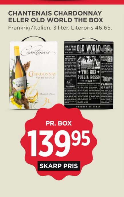 CHARDENAI CHARDONNAY ELLER OLD WORLD THE BOX Frankrig/Italien. 3 liter. Literpris 46,65. – Meny