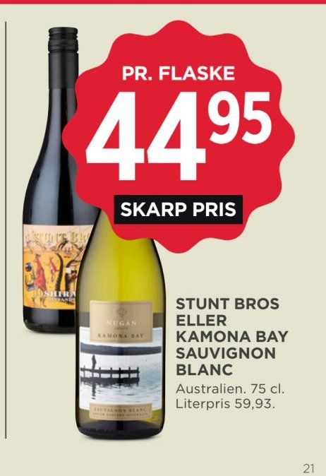 STUNT BROS ELLER KAMONA BAY SAUVIGNON BLANC Australien. 75 cl. Literpris 59,93. – Meny
