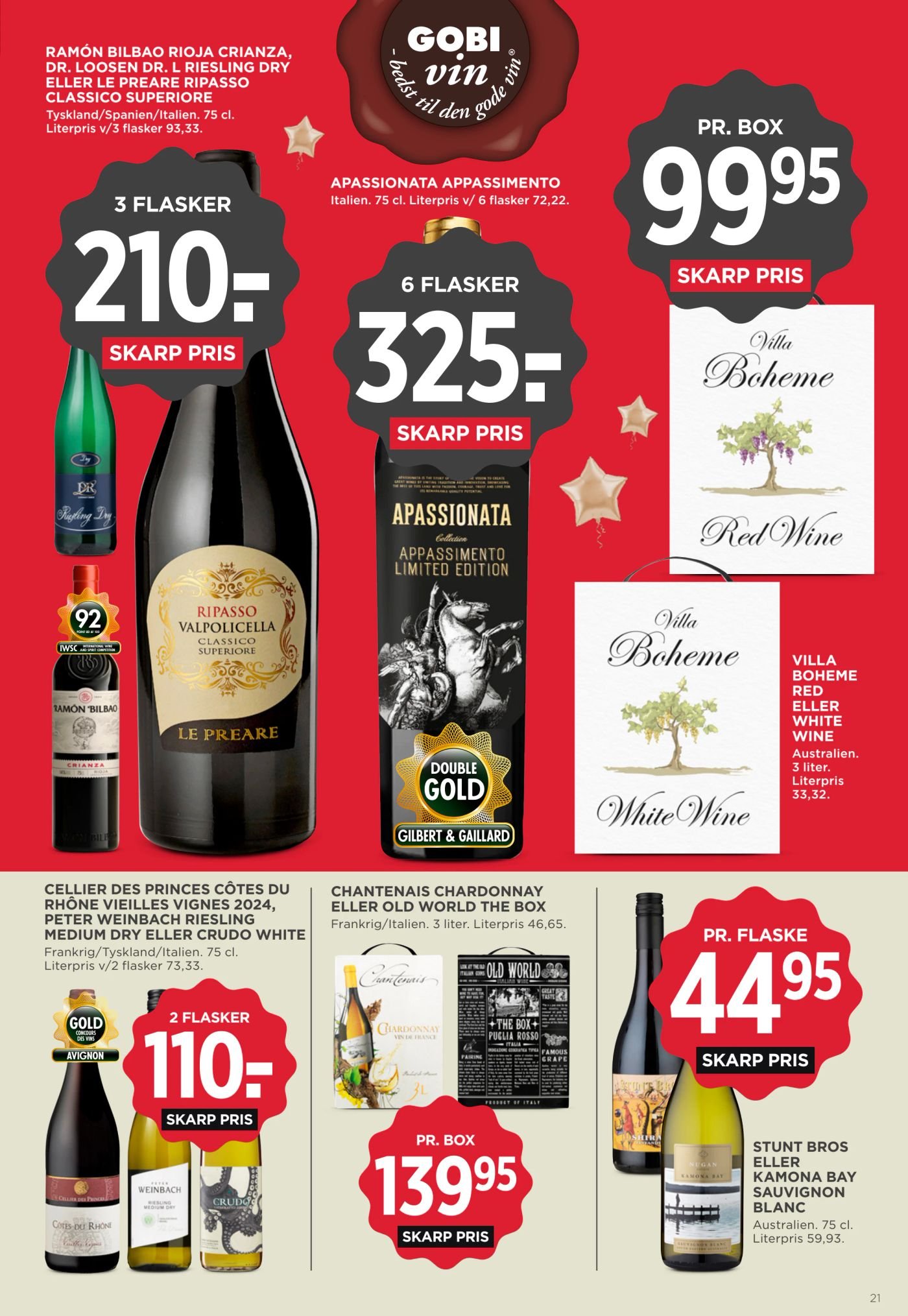 VILLA BOHEME RED ELLER WHITE WINE Australien. 3 liter. Literpris 33,32. – Meny