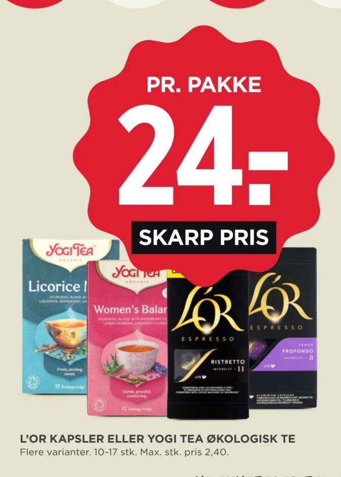 L'OR KAPSLER ELLER YOGI TEA ØKOLOGISK TE Flere varianter. 10-17 stk. Max. stk. pris 2,40. – Meny