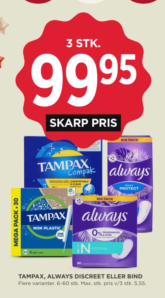 TAMPAX, ALWAYS DISCREET ELLER BIND Flere varianter. 6-60 stk. – Meny