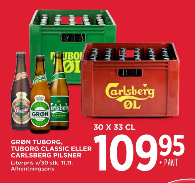 GRØN TUBORG, TUBORG CLASSIC ELLER CARLSBERG PILSNER 30 X 33 CL Litterpris v/30 stk. 11,11. Afhentningspris – Meny