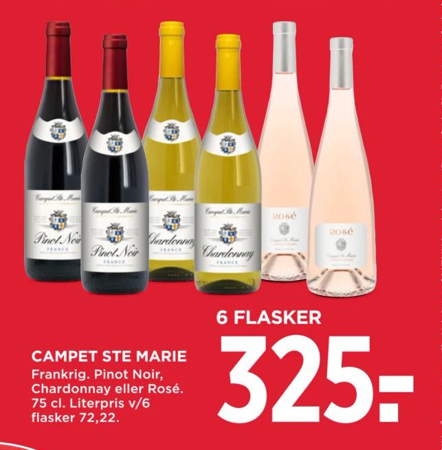 CAMPET STE MARIE Frankrig. Pinot Noir, Chardonnay eller Rosé. 75 cl. Litterpris v/6 flasker 72,22. – Meny