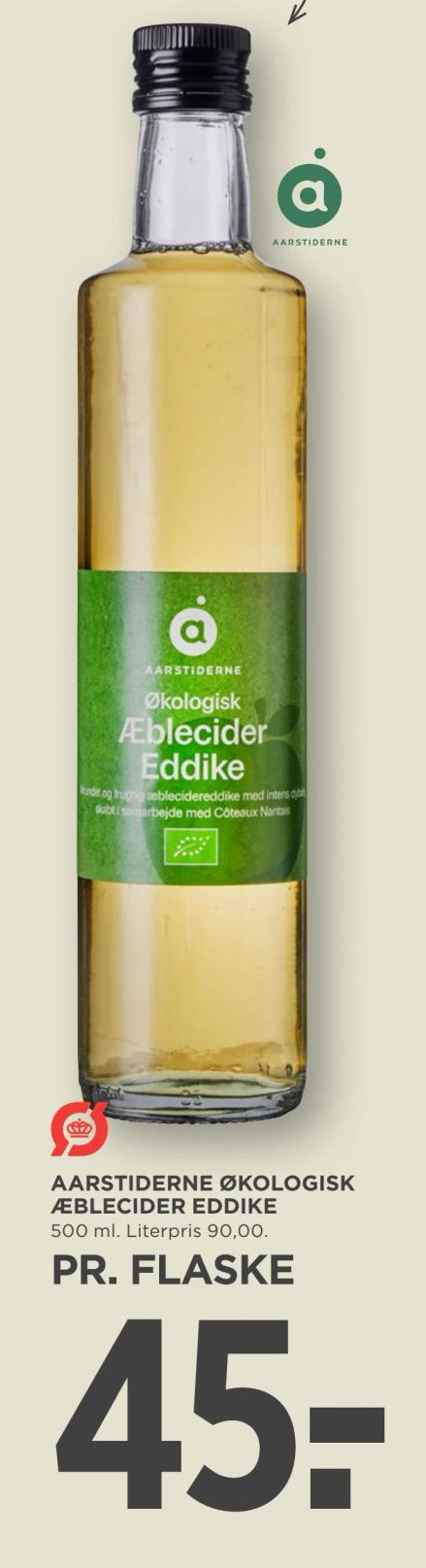 AARSTIDERNE ØKOLOGISK ÆBLECIDER EDDIKE 500 ml. Literpris 90,00. – Meny