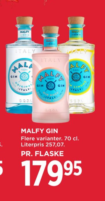 MALFY GIN Flere varianter. 70 cl. Literpris 257,07. PR. FLASKE – Meny