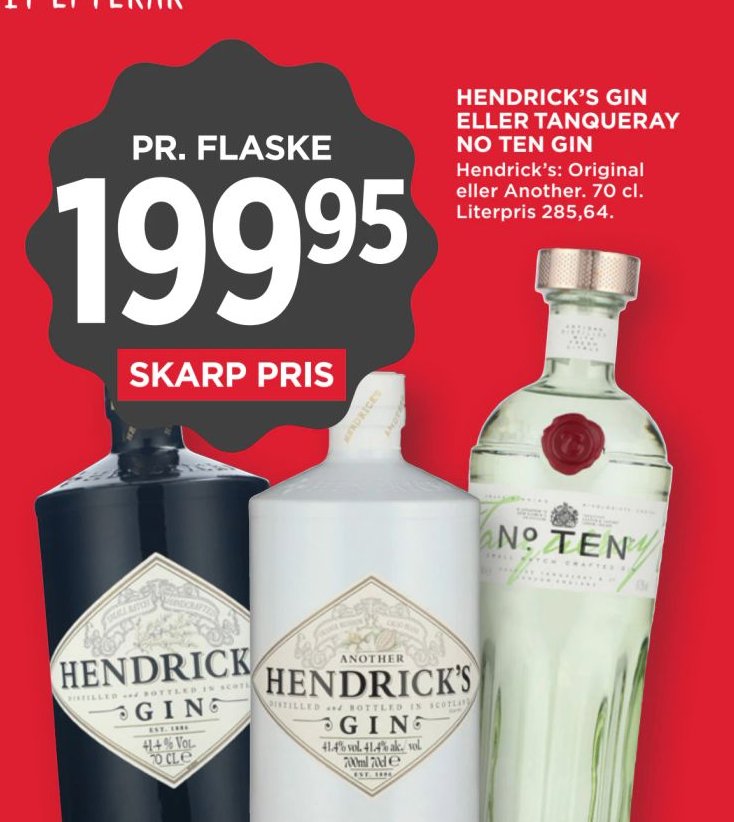 HENDRICK'S GIN ELLER TANQUERAY NO TEN GIN Hendrick's: Original eller Another. 70 cl. Literpris 285,64. – Meny