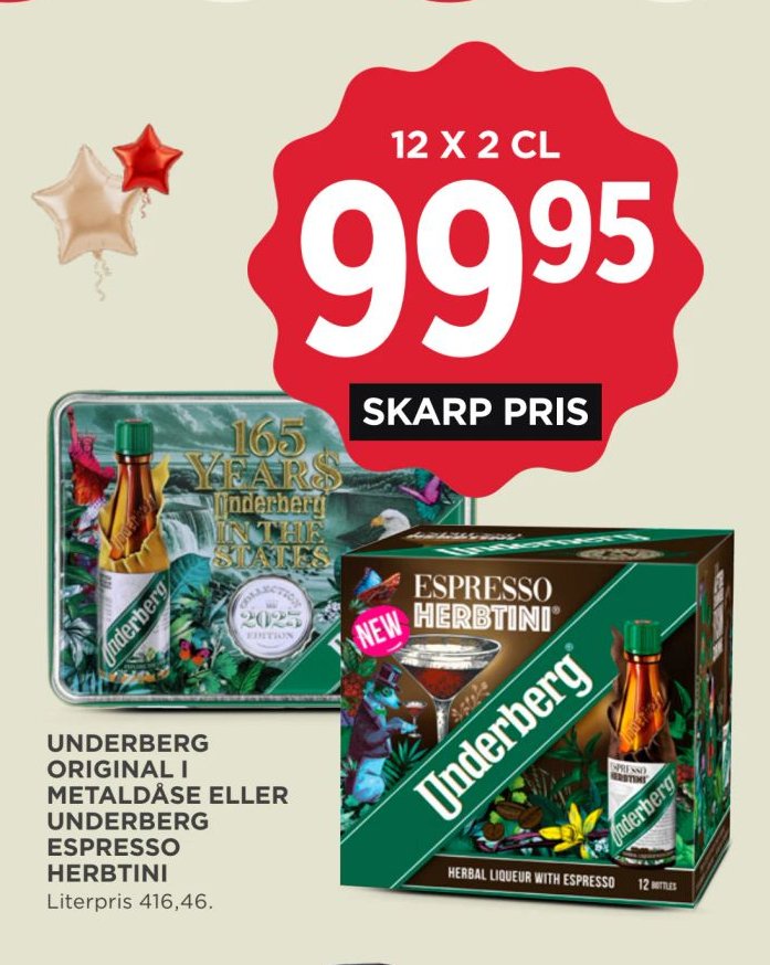 UNDERBERG ORIGINAL I METALDÅSE ELLER UNDERBERG ESPRESSO HERBTINI Literpris 416,46. 12 X 2 CL – Meny
