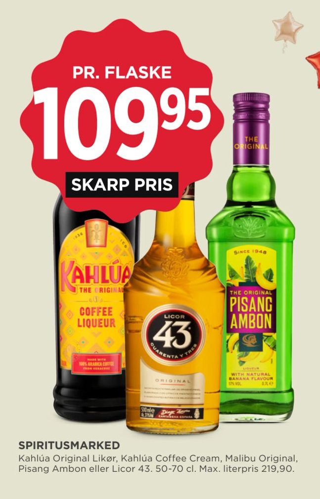 SPIRITUSMARKED Kahlúa Original Likør, Kahlúa Coffee Cream, Malibu Original, Pisang Ambon eller Licor 43. 50-70 cl. Max. literpris 219,90. – Meny