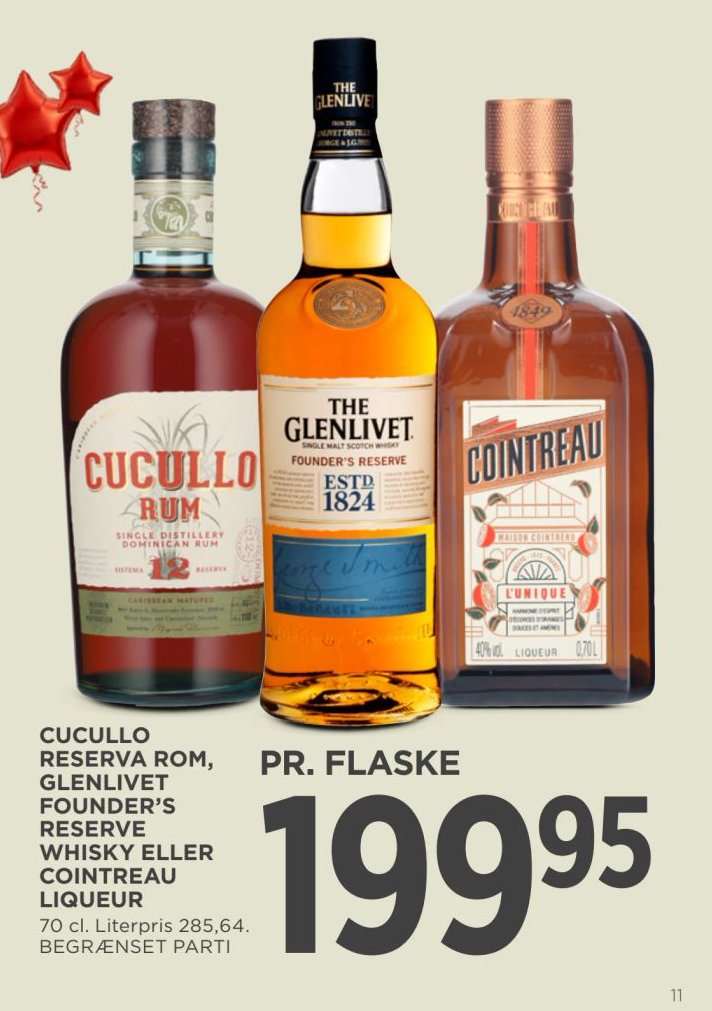CUCULLO RESERVA ROM, GLENLIVET FOUNDER'S RESERVE WHISKY ELLER COINTREAU LIQUEUR 70 cl. Literpris 285,64. BEGRÆNSET PARTI – Meny