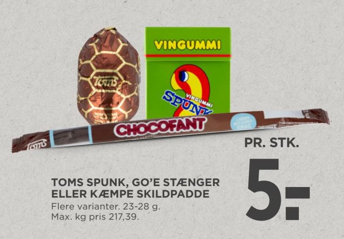 TOMS SPUNK, GO'E STÆNGER ELLER KÆMPE SKILDPADDE Flere varianter. 23-28 g. Max. kg pris 217,39. – Meny