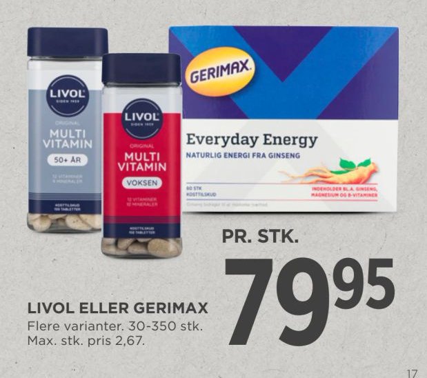 LIVOL ELLER GERIMAX Flere varianter. 30-350 stk. Max. stk. pris 2,67. – Meny