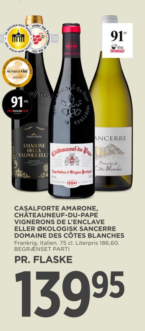 CASALFORTE AMARONE, CHÂTEAUNEUF-DU-PAPE VIGNERONS DE L’ENCLAVE ELLER ØKOLOGISK SANCERRE DOMAINE DES CÔTES BLANCHES – Meny