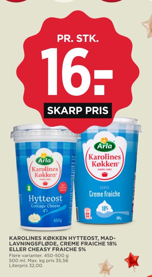KAROLINES KØKKEN HYTTEOST, MADLAVNINGSFLØDE, CREME FRAICHE 18% ELLER CHEASY FRAICHE 5% – Meny
