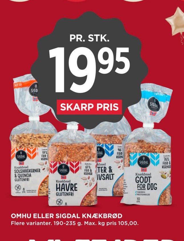 OMHU ELLER SIGDAL KNÆKBRØD Flere varianter. 190-235 g. Max. kg pris 105,00. – Meny