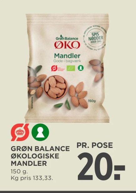 GRØN BALANCE ØKOLOGISKE MANDLER 150 g. – Meny