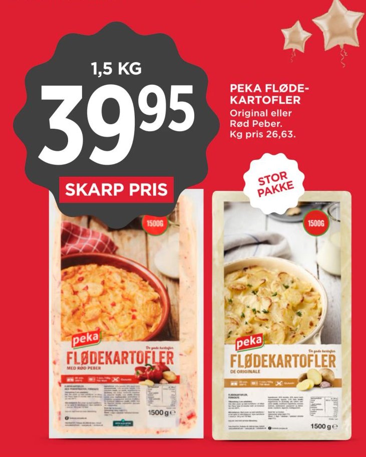 PEKA FLØDEKARTOFLER Original eller Rød Peber. Kg pris 26,63. – Meny