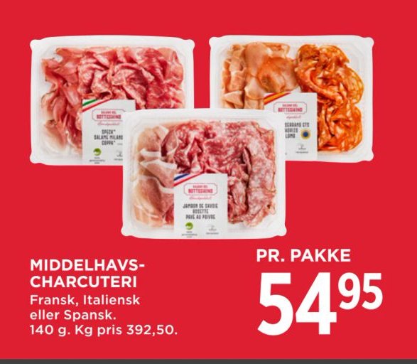 MIDDELHAVS-CHARCUTERI Fransk, Italiensk eller Spansk. 140 g. Kg pris 392,50. – Meny