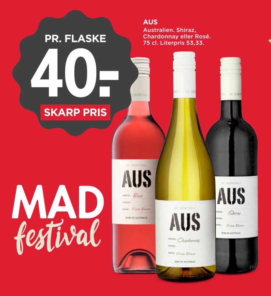 AUS Australien. Shiraz, Chardonnay eller Rosé. 75 cl. – Meny