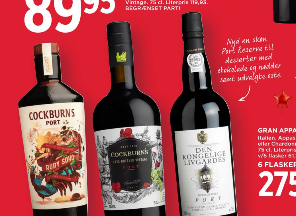 COCKBURN'S PORTVIN ELLER DEN KONGELIGE LIVGARDES PORTVIN Portugal. Cockburn's: Tawny Eyes, Ruby Soho, White Heights eller Late Bottled Vintage. 75 cl. – Meny