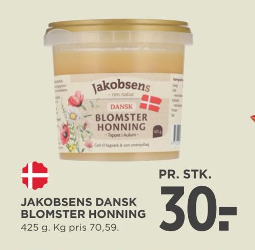 JAKOBSENS DANSK BLOMSTER HONNING 425 g. Kg pris 70,59. – Meny
