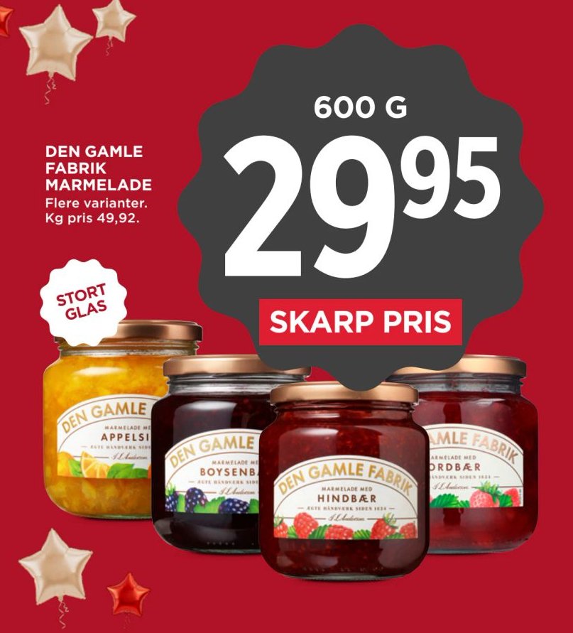 DEN GAMLE FABRIK MARMELADE Flere varianter. Kg pris 49,92. – Meny