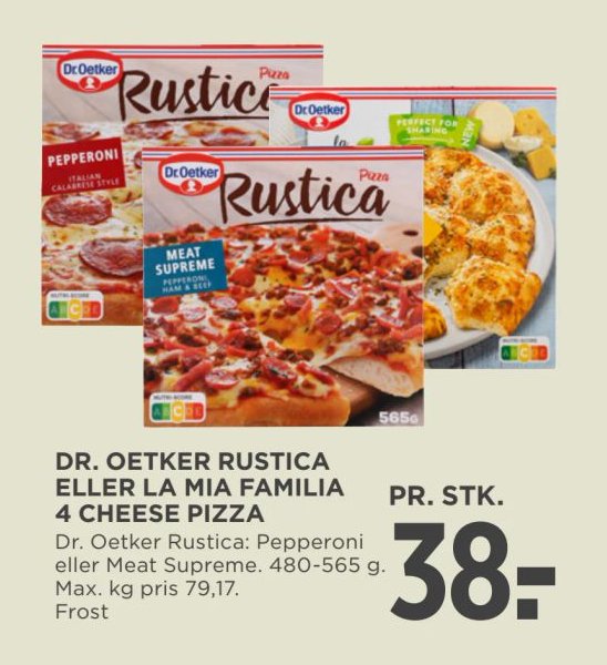DR. OETKER RUSTICA ELLER LA MIA FAMILIA 4 CHEESE PIZZA Dr. Oetker Rustica: Pepperoni eller Meat Supreme. 480-565 g. – Meny