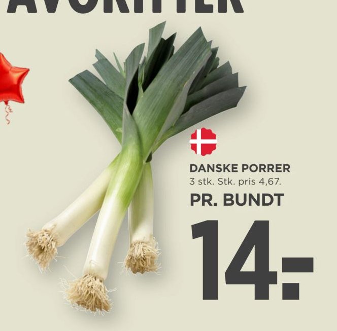 DANSKE PORRER 3 stk. Stk. pris 4,67. – Meny