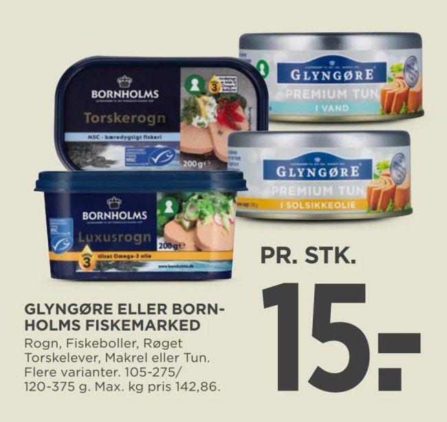 GLYNGØRE ELLER BORNHOLMS FISKEMARKED Rogn, Fiskeboller, Røget Torskefilever, Makrel eller Tun. Flere varianter. 105-275/120-375 g. – Meny