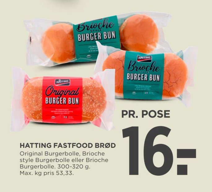 HATTING FASTFOOD BRØD Original Burgerbolle, Brioche style Burgerbolle eller Brioche Burgerbolle. 300-320 g. – Meny