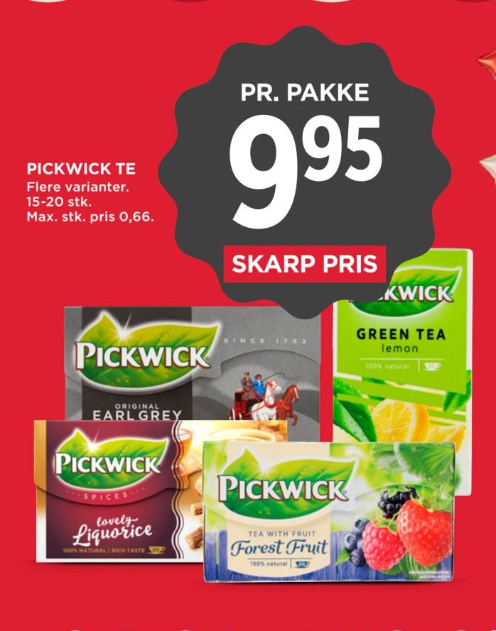 PICKWICK TE Flere varianter. 15-20 stk. Max. stk. pris 0,66. – Meny
