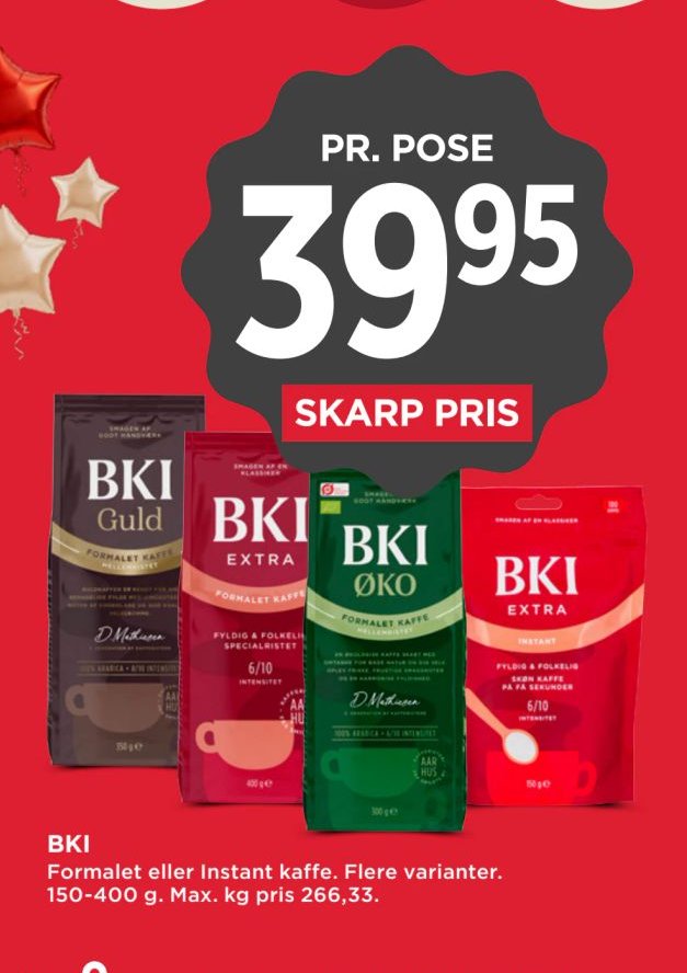 BKI Formalet eller Instant kaffe. Flere varianter. 150-400 g. Max. kg pris 266,33. – Meny