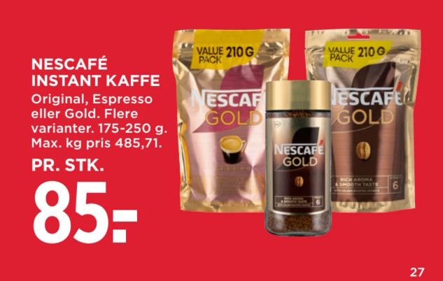 NESCAFÉ INSTANT KAFFE Original, Espresso eller Gold. Flere varianter. 175-250 g. Max. kg pris 485,71. PR. STK. – Meny