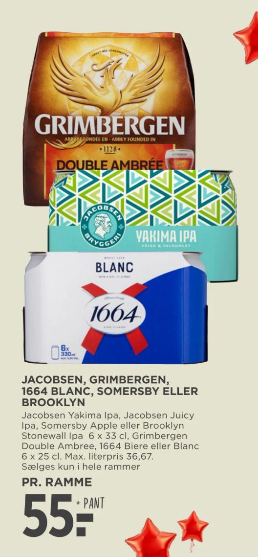 JACOBSEN, GRIMBERGEN, 1664 BLANC, SOMERSBY ELLER BROOKLYN Jacobsen Yakima Ipa, Jacobsen Juicy Ipa, Somersby Apple eller Brooklyn Stonewall Ipa 6 x 33 cl, Grimbergen Double Ambree, 1664 Bière eller Blanc 6 x 25 cl. Max. literpris 36,67. Sælges kun i hele rammer – Meny
