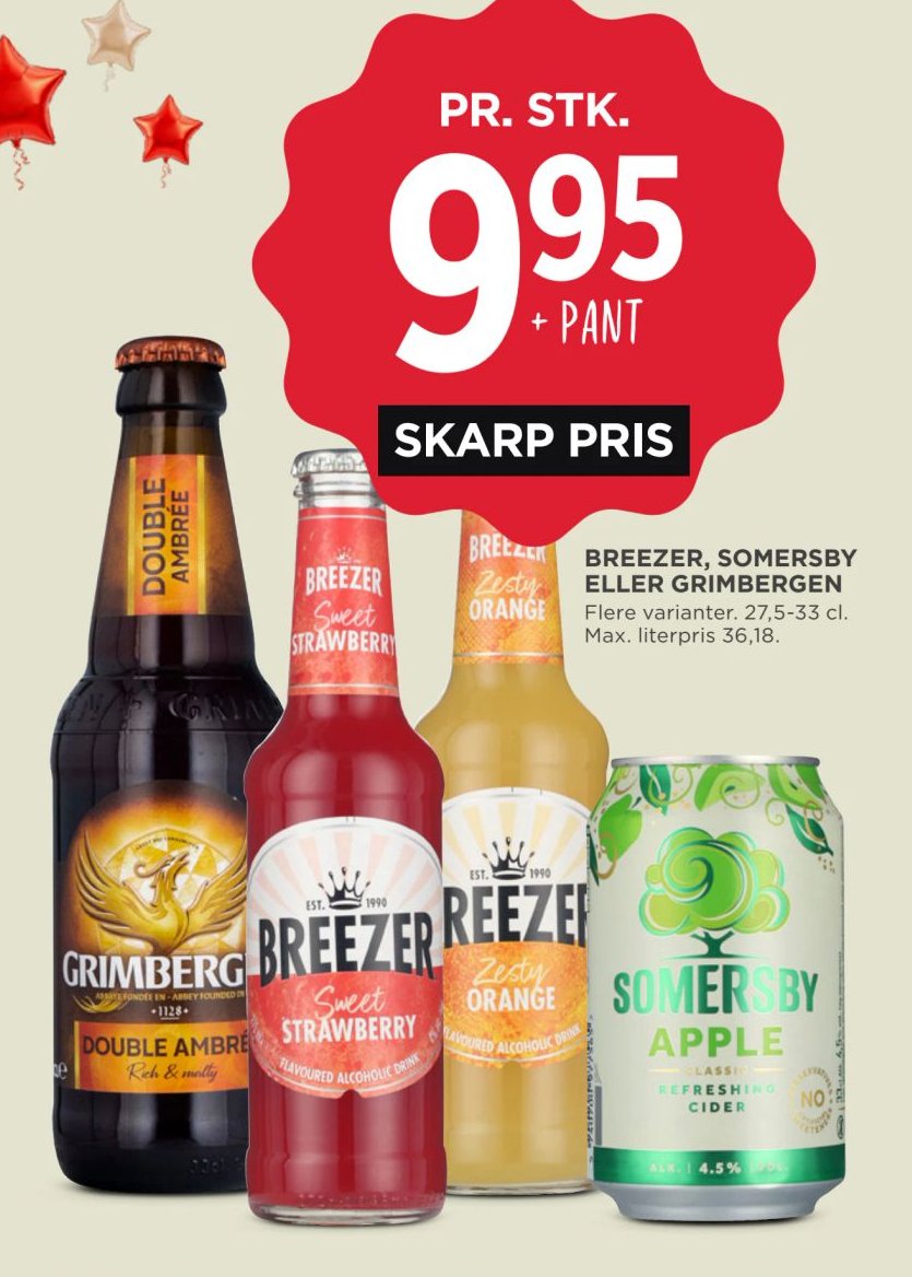 BREEZER, SOMERSBY ELLER GRIMBERGEN Flere varianter. 27,5-33 cl. Max. literpris 36,18. – Meny