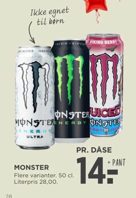 MONSTER Flere varianter. 50 cl. Literpris 28,00. – Meny