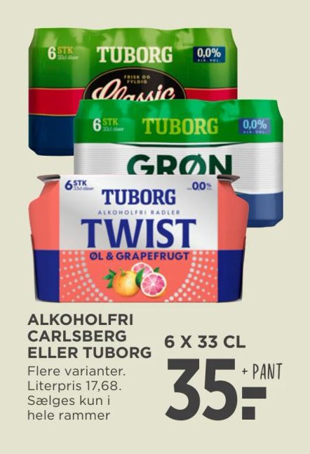 ALKOHOLFRI CARLSBERG ELLER TUBORG Flere varianter. Literpris 17,68. Sælges kun i hele rammer – Meny