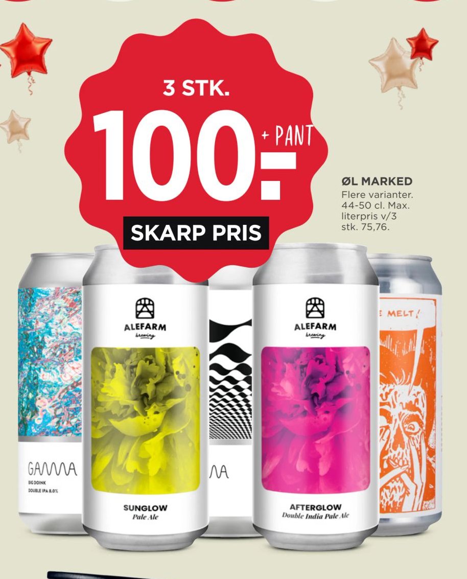 ØL MARKED Flere varianter. 44-50 cl. Max. literpris v/3 stk. 75,76. – Meny